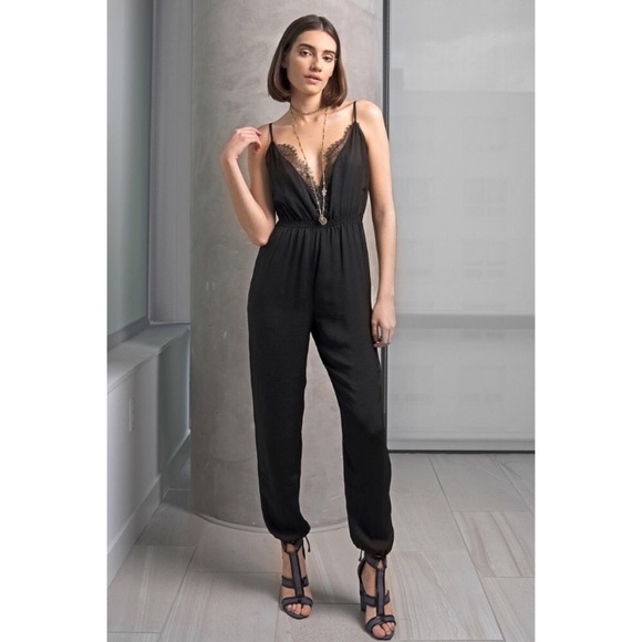 Style Link Miami Pants - Host Pick 🎉! Black Lace Trimmed Satin Jumpsuit